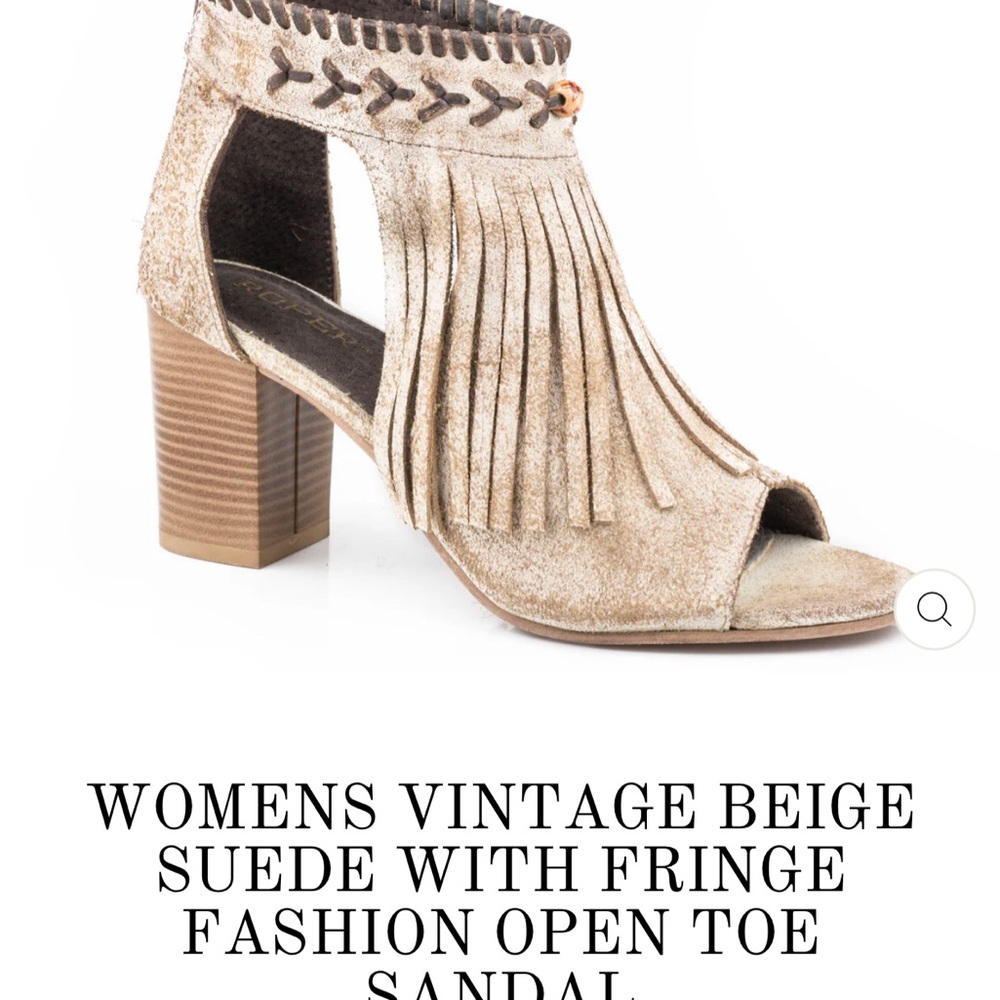Roper Bettina Fashion Leather Open Toe Sandal Vintage Beige Suede Tan Fringe New - Picture 9 of 9